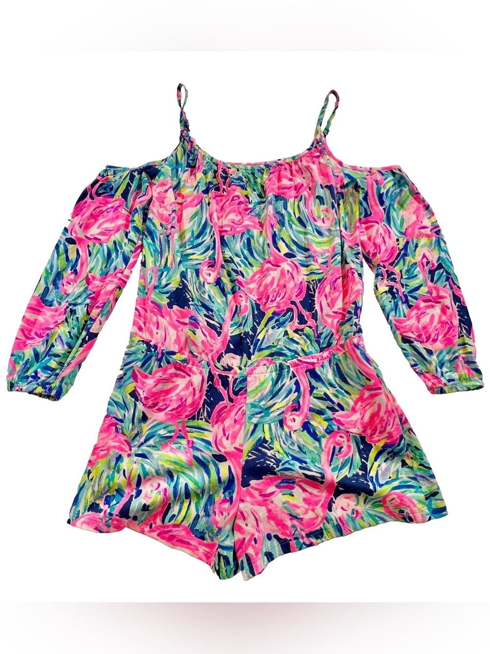 Lilly Pulitzer Girls Mini Flamingo Romper Peep Shoulder 6/7 NWOT
This rompe